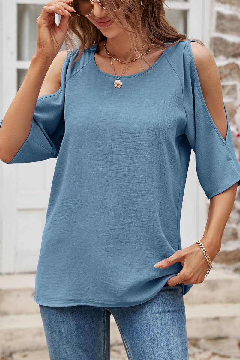 CWTBLS0365_Round neck  Short Sleeve Blouse