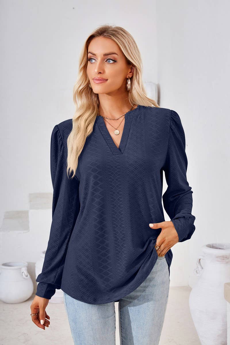 CWTBLL2374_SOLID COLOR V-NECK JACQUARD LONG-SLEEVED TOP