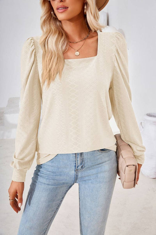 CWTBLL2798_AUTUMN SQUARE NECK JACQUARD LONG-SLEEVED TOP