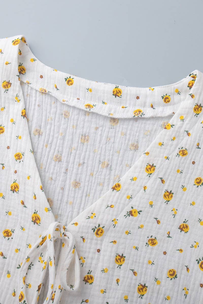 CWSS1137_COTTON PRINTED PUFF SLEEVE TOP & SHORTS SET