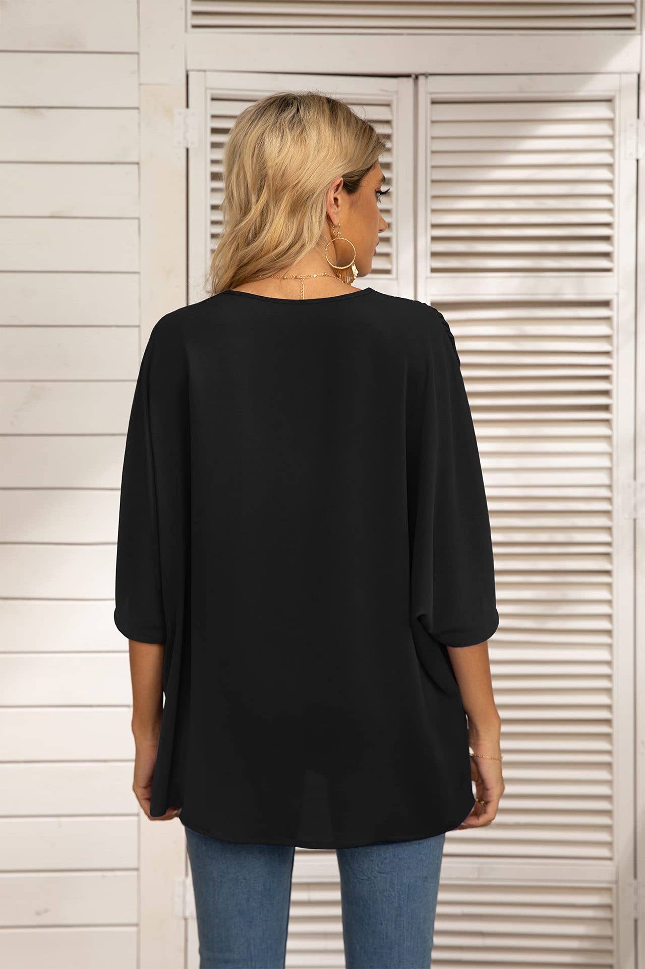 BAT-SLEEVED CHIFFON V-NECK SHORT-SLEEVED SHIRT