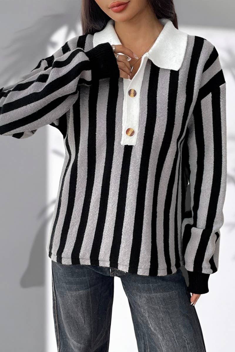 CWOSWL07129_VERTICAL STRIPED LAPEL KNITTED PULLOVER SWEATER