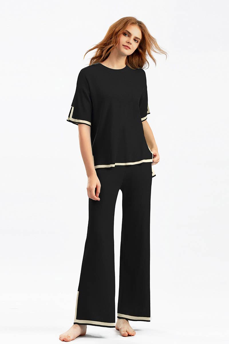 CWSTB00422_COLORBLOCK KNIT TOP & HIGH WAIST WIDE LEG SET