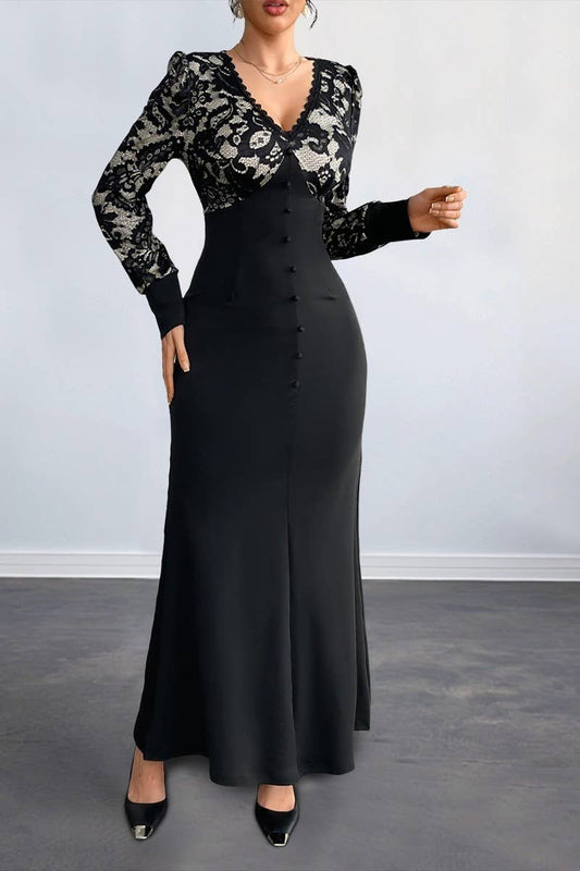 CWDMD6286_SEXY VINTAGE V-NECK LACE TRIM LONG SLEEVE DRESS