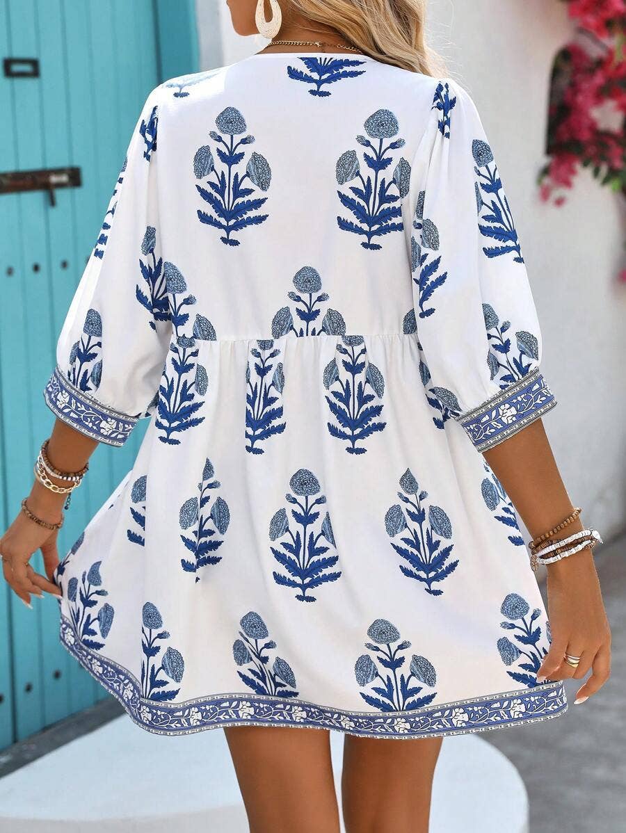 Casual plant printed straight short dress