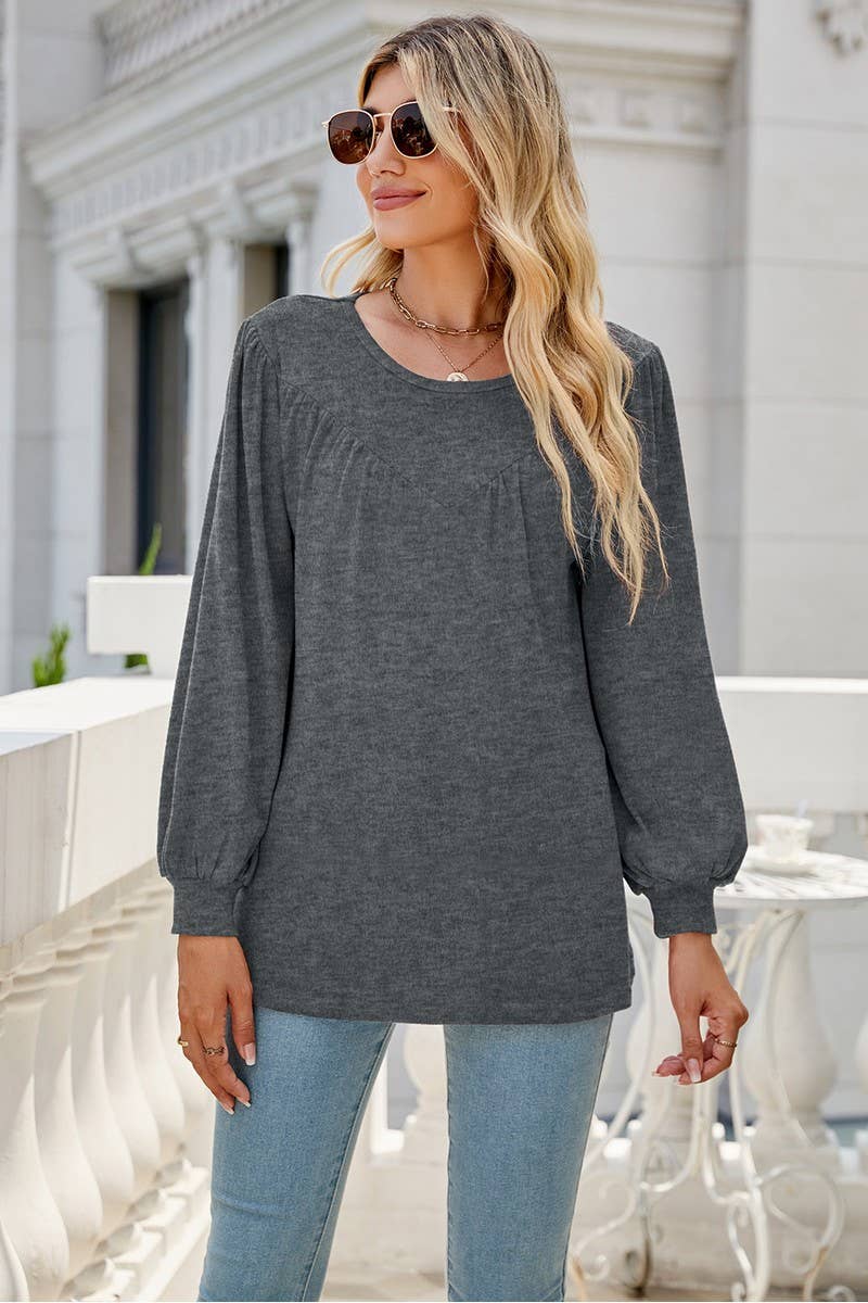 CWTBLL3690_LOOSE CREW NECK CASUAL PLEATED TOP