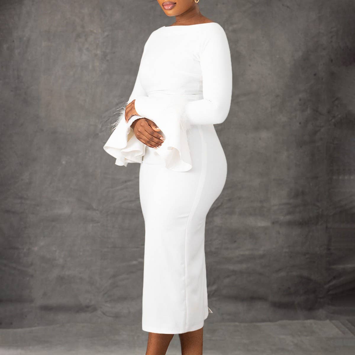 FASHION SOLID COLOR HIPWRAPPED FLARED SLEEVE DRESS_CWDMD3663