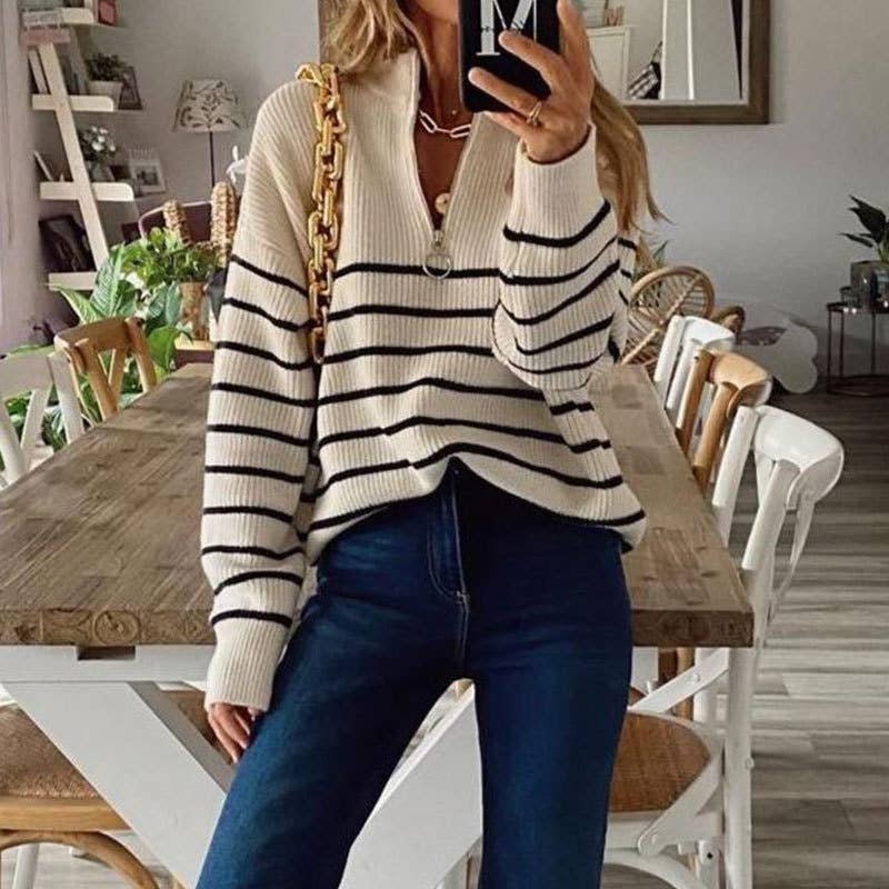 COLOR-MATCHING STRIPED HALF-ZIP PULLOVER SWEATER