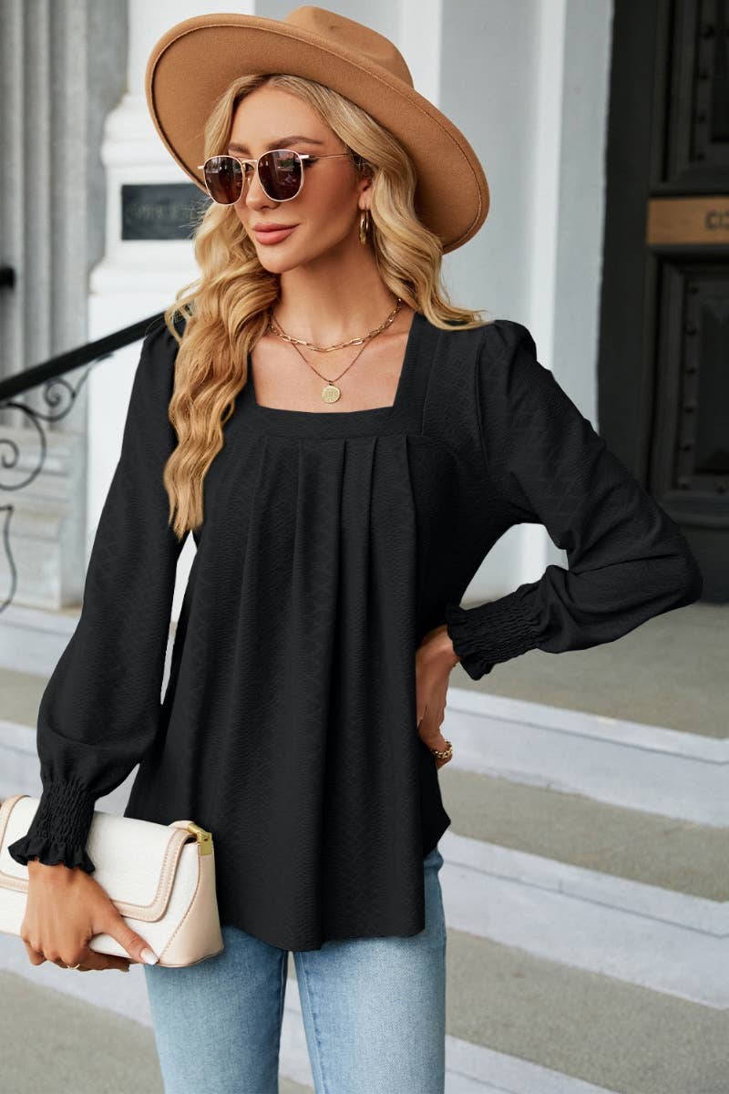 CWTBLL2936_SQUARE NECK JACQUARD PLEATED LONG-SLEEVED TOP