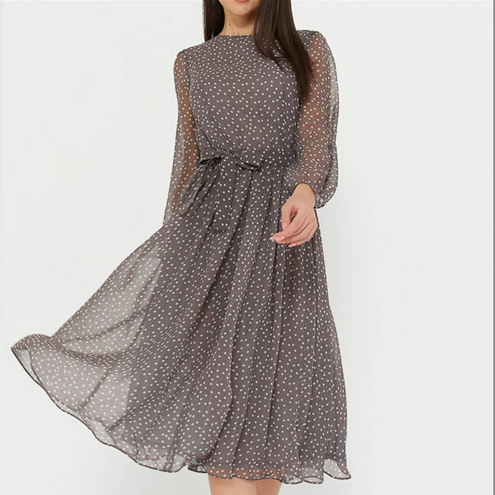 COFFEE COLOR POLKA DOT LACE PRINT CHIFFON DRESS