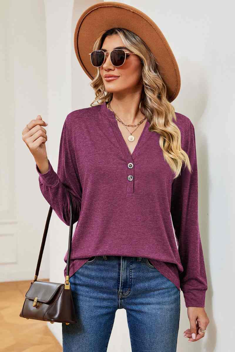CWTBLL2834_V-NECK BUTTON-UP LONG-SLEEVED BAGGY TOP