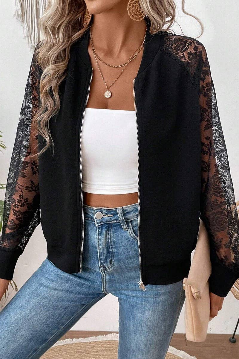 CWOCO1134_LACE PANEL LONG SLEEVE BASEBALL COLLAR JACKET TOP