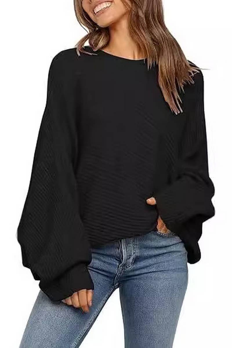 CWOSWL6384_ROUND NECK SOLID COLOR BAT LONG SLEEVE SWEATER