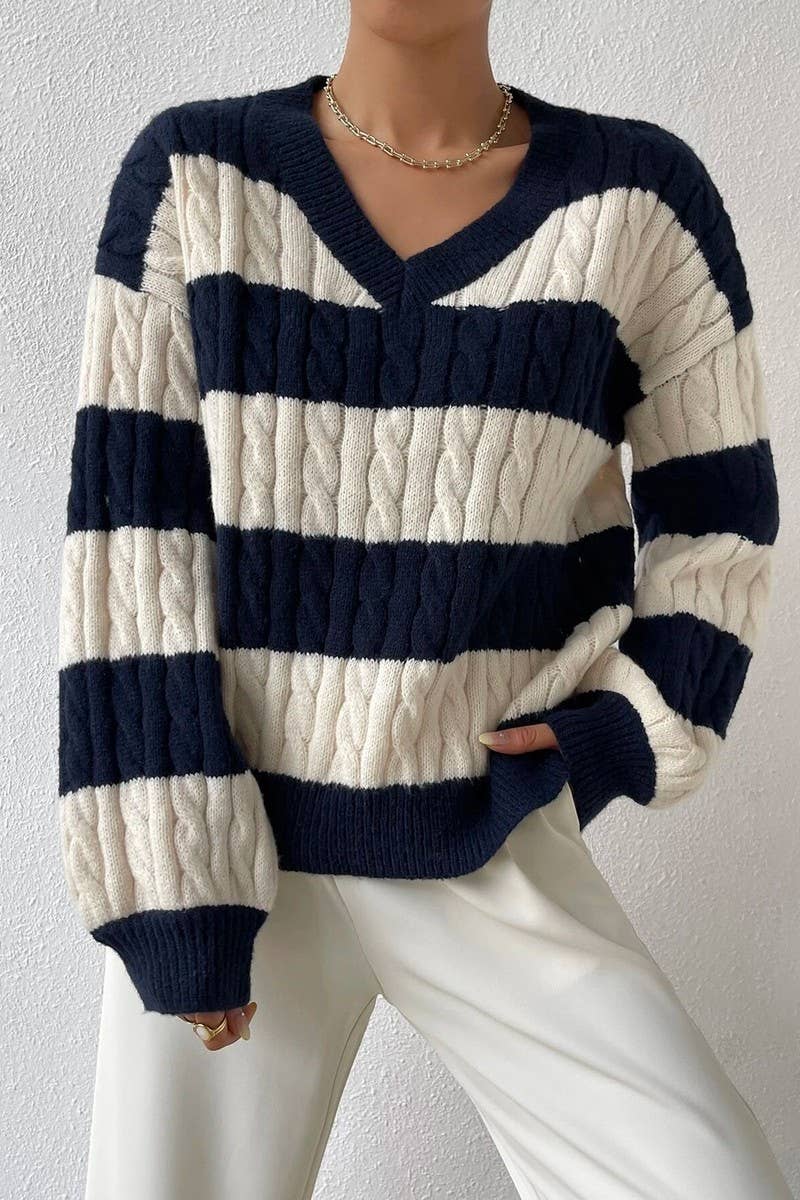 CWOSWL5736_V-NECK CABLE-KNIT CONTRAST STRIPED SWEATER