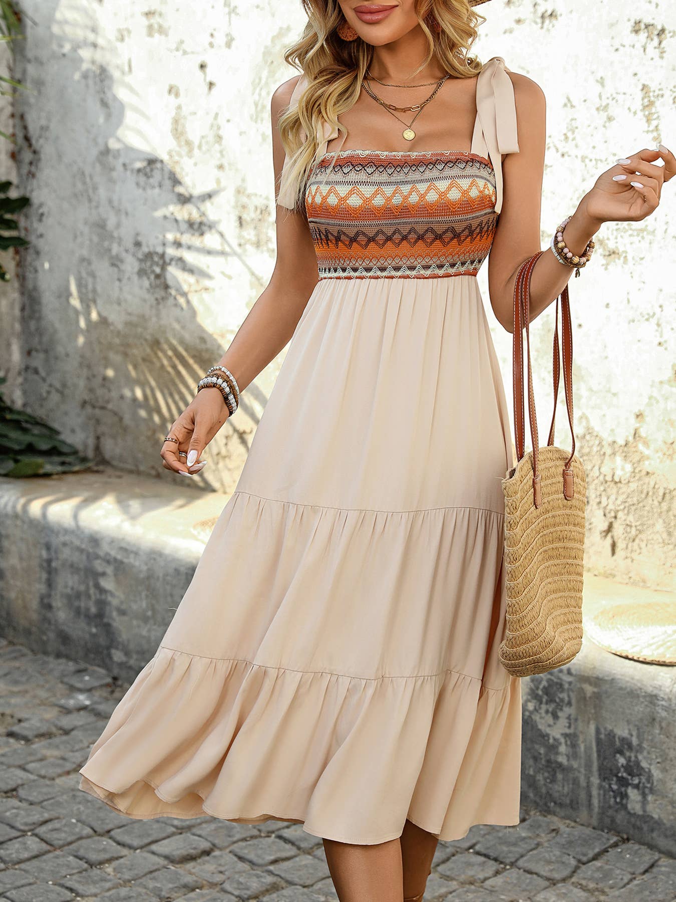 A Put ethnic style patchwork lace-up dress