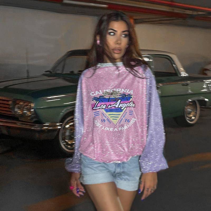 All-in-one glitter color matching printed long-sleeve hoodie