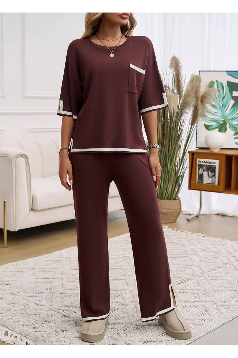 CWSTB0963_Color Matching Short Sleeved Top Pants Knit Set