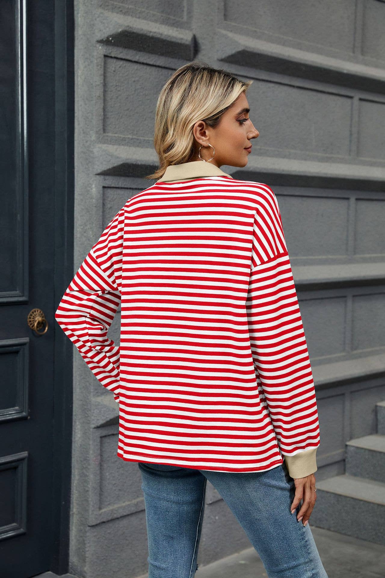 Color-blocking lapel long-sleeved striped hoodie