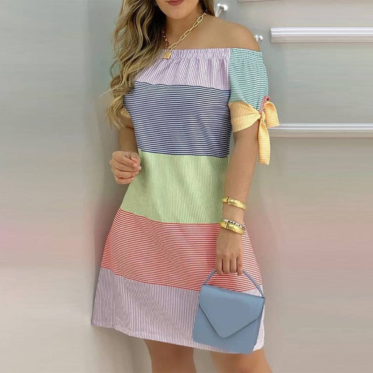 CUFF TIE WITH A LINE NECK COLOR CONTRAST DRESS