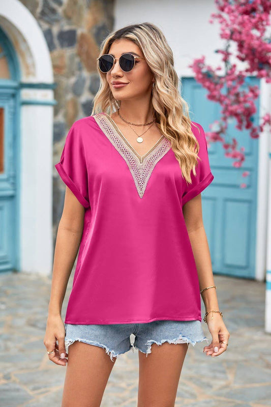 CWTSTS0269_V Neck Lace Trim Detail Short Sleeve Blouse
