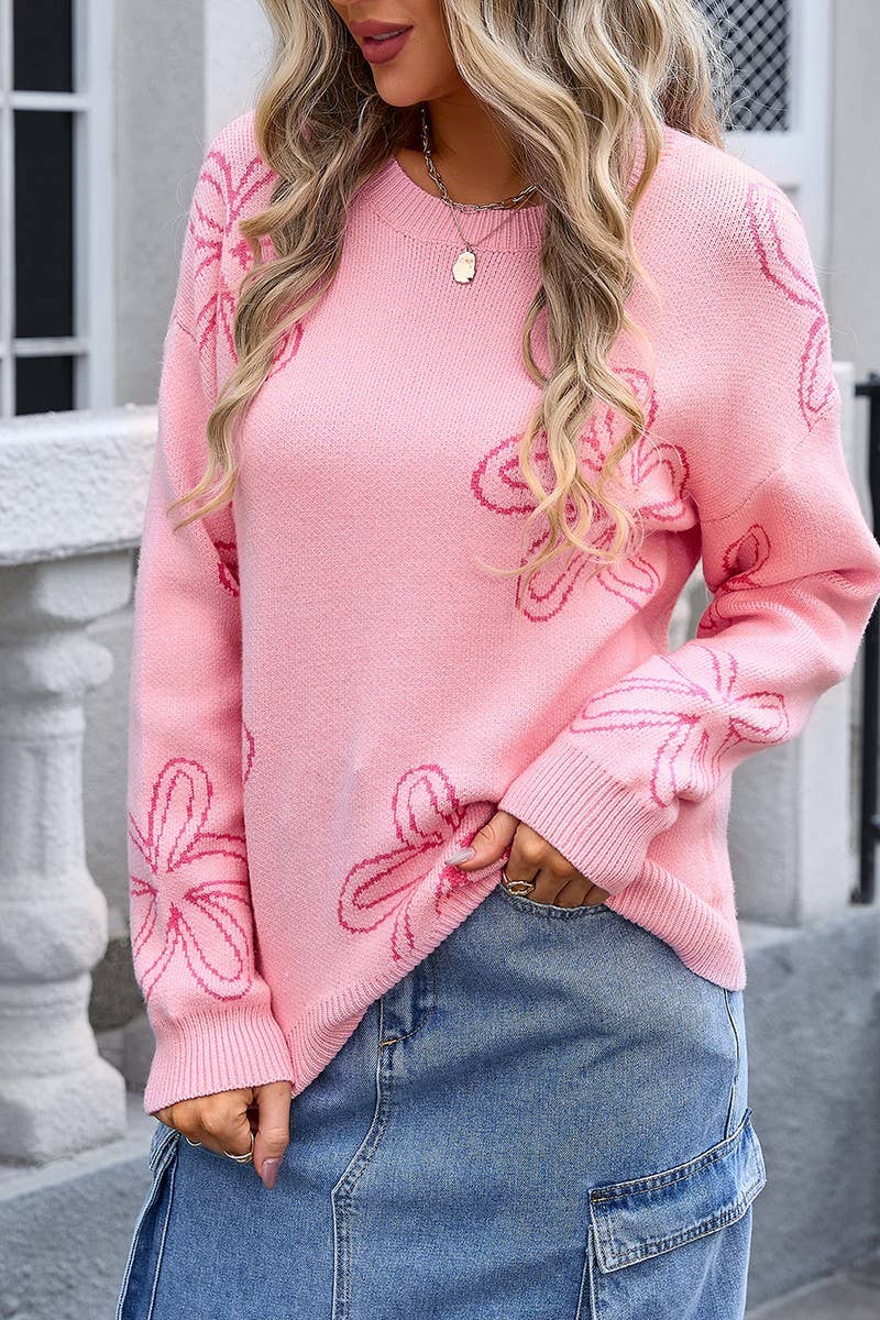 CWOSWL3099_FLORAL LONG SLEEVE CREW NECK SWEATER
