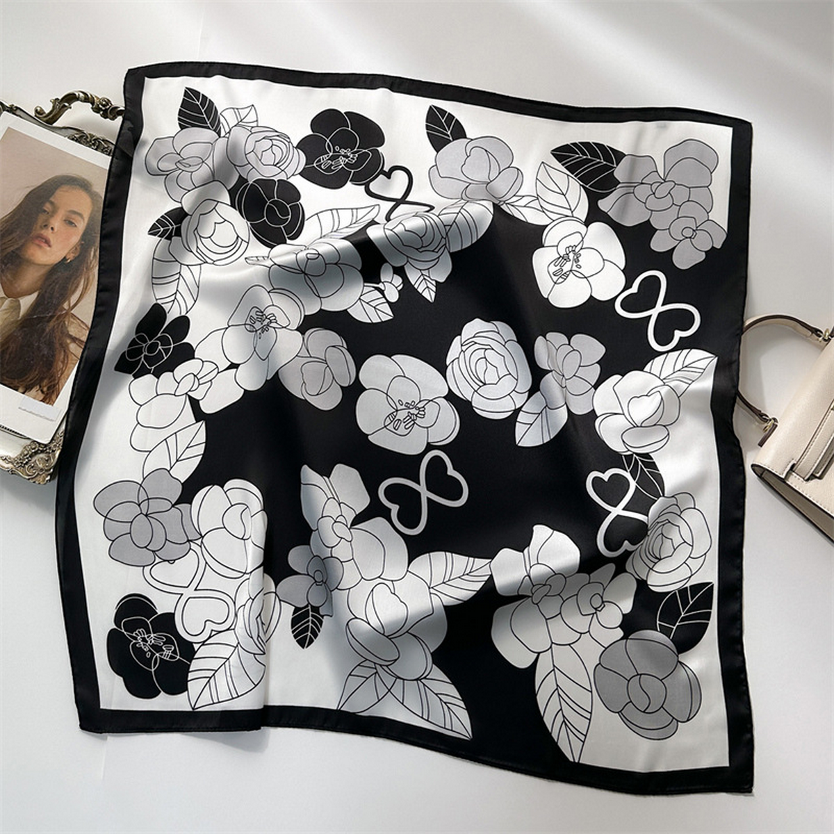 Lily Print Satin Square Scarf for Summer Sun