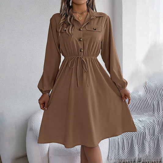 CASUAL BUTTON-UP WAIST LONG SLEEVE SHIRT DRESS