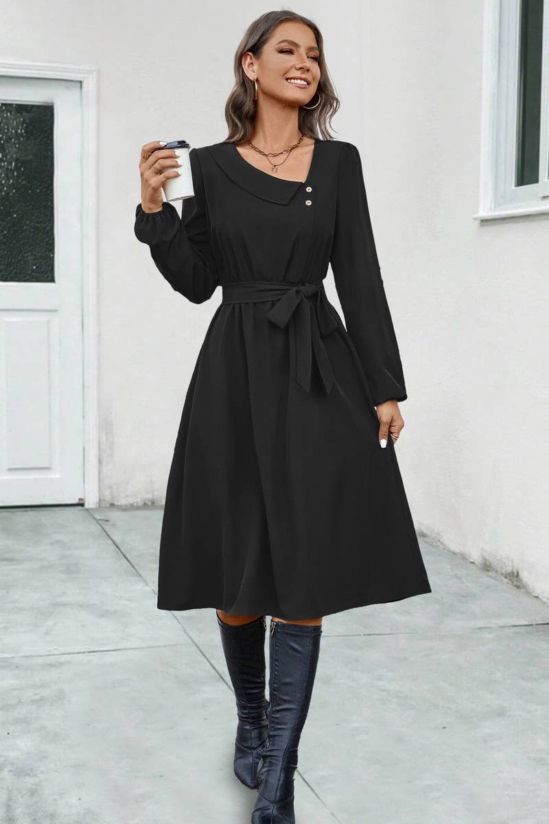 CWDSD4869_IRREGULAR NECKLINE TIE LONG SLEEVE DRESS