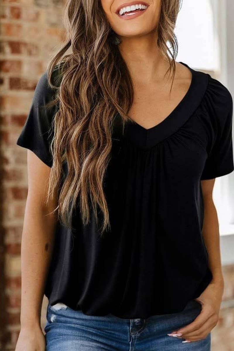 CWTBLS2255_V-NECK RUCHED LOOSE FIT COTTON T-SHIRT