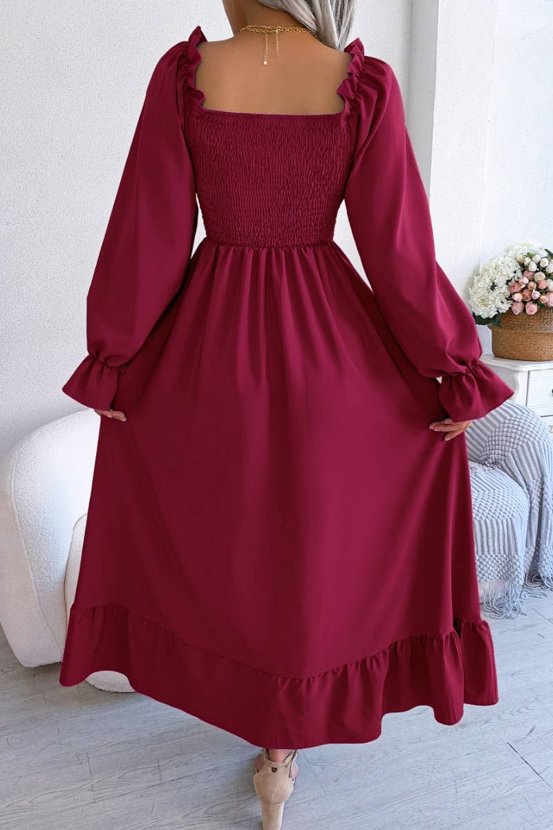 CWDMD2663_RUFFLED DRESS WITH SQUARE COLLAR FLARED SLEEVES