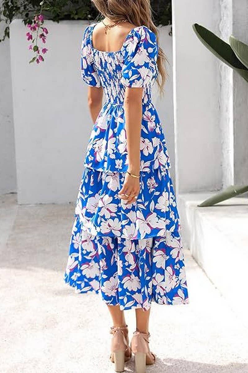 CWDMD01026_SQUARE NECK SHORT SLEEVE FLORAL CHIFFON DRESS