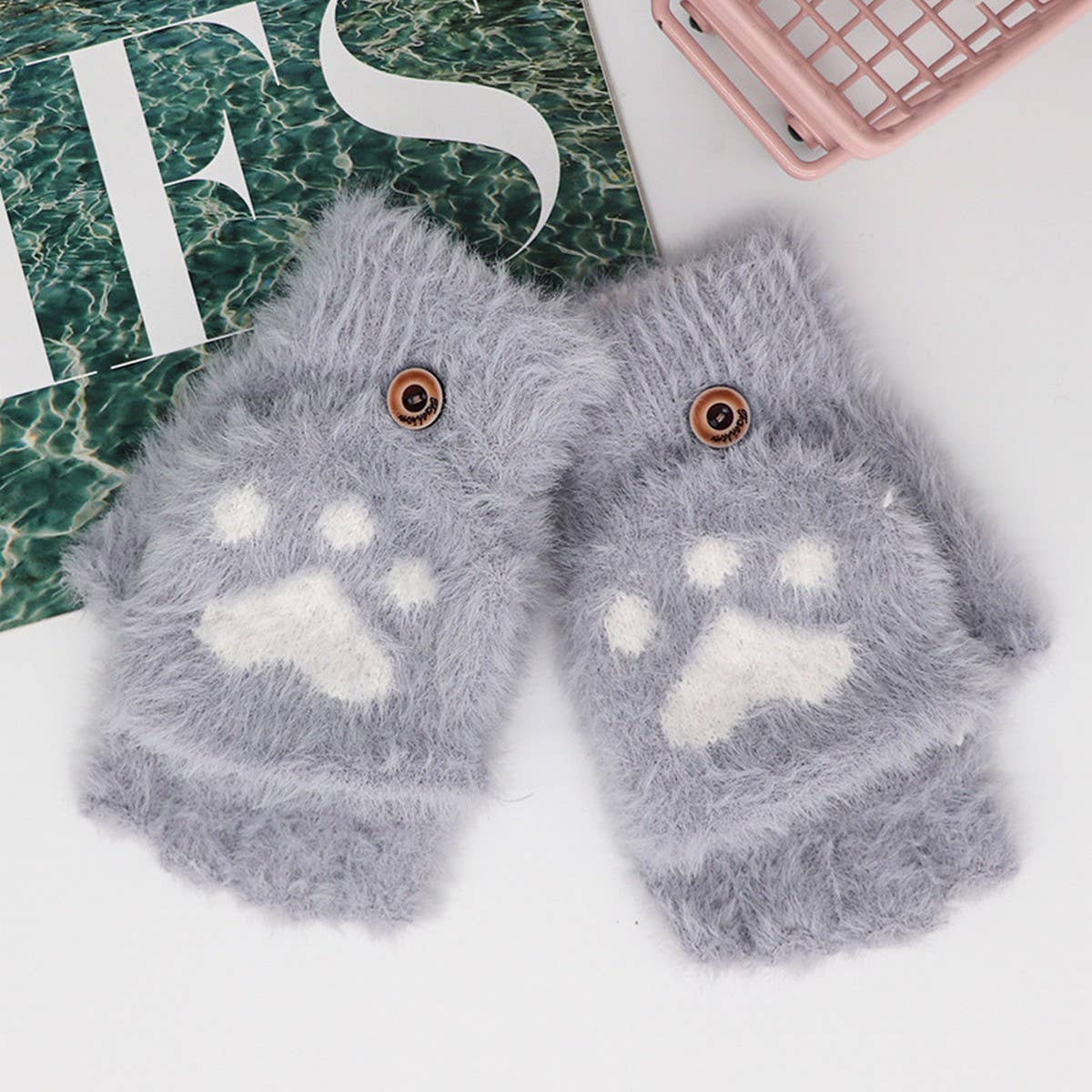 CWAG00552_CUTE CAT PAW BEAR CLAW KNIT GLOVES