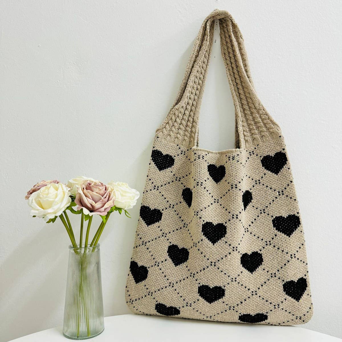 CWAB5064_SHOPPING KNITTED HEART PATTERN WOVEN BAG