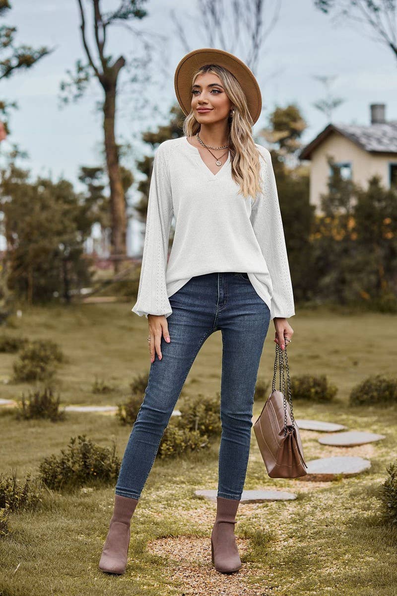 CWTBLL01313_V NECK WAFFLE KNIT SOLID LONG SLEEVE LOOSE TEE