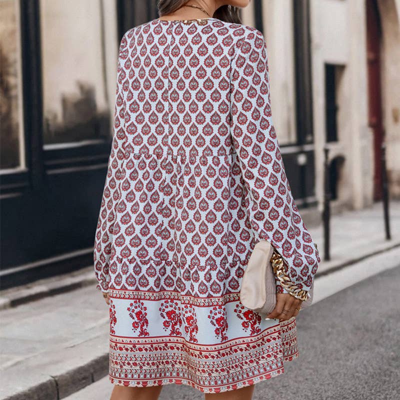 Bohemian-style loose lace-up prints dress