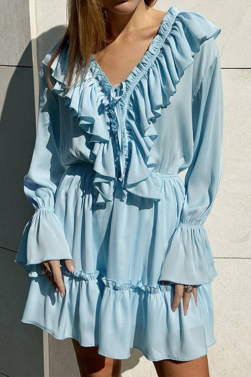 CWDSD7805_V-NECK BELL SLEEVE SHORT CHIFFON DRESS