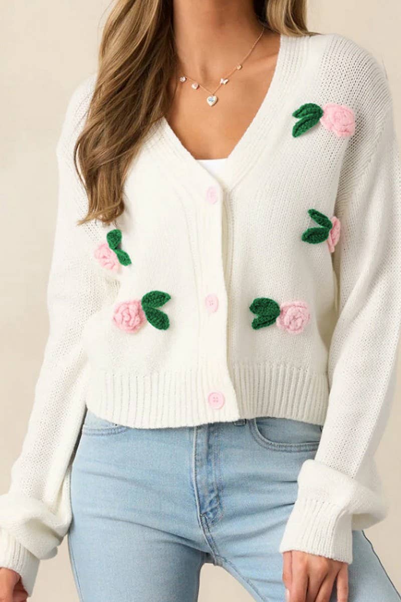 CWOCAL2354_3D FLORAL LONG SLEEVE KNIT CARDIGAN
