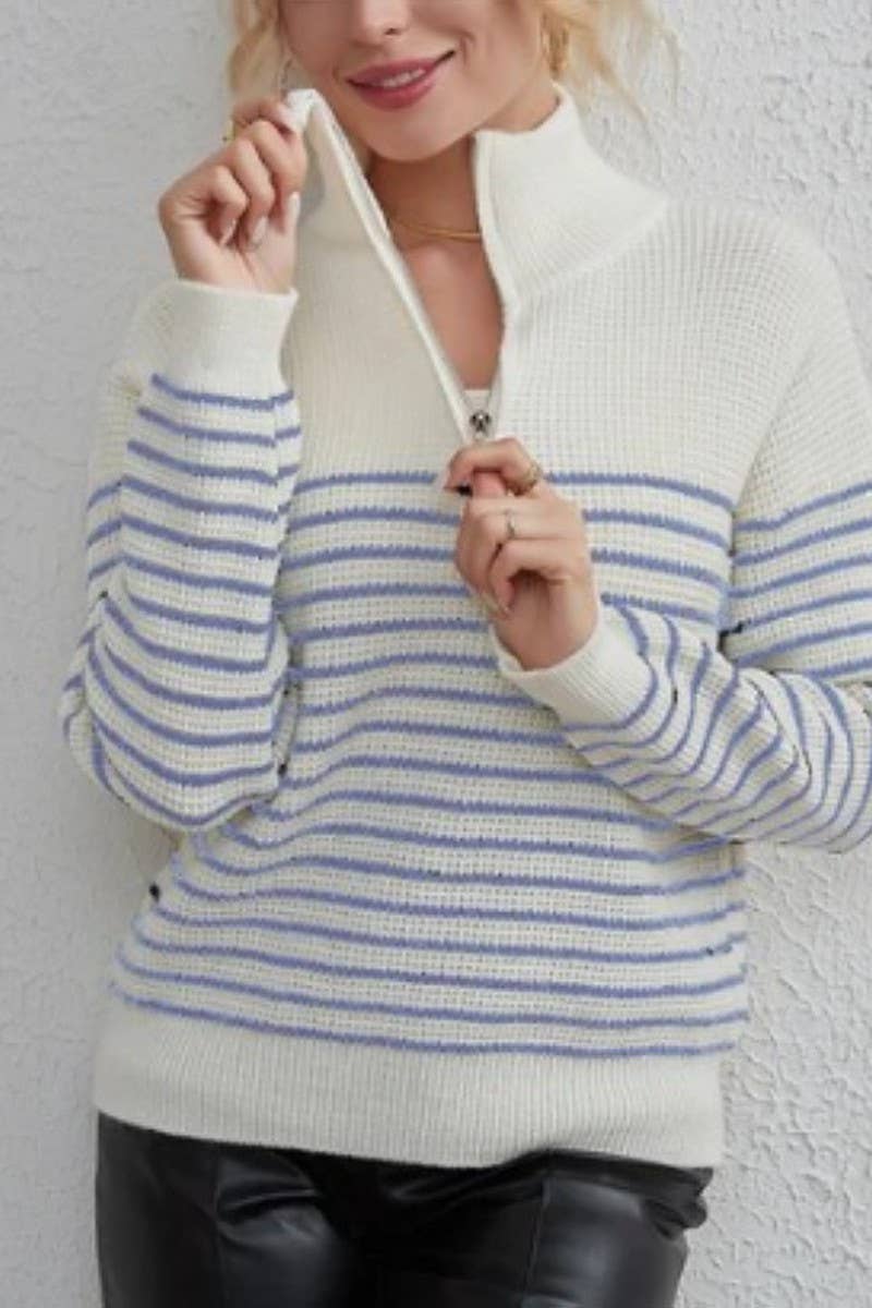 CWOSWL6266_TURTLENECK STRIPED COLORBLOCK ZIP-UP SWEATER