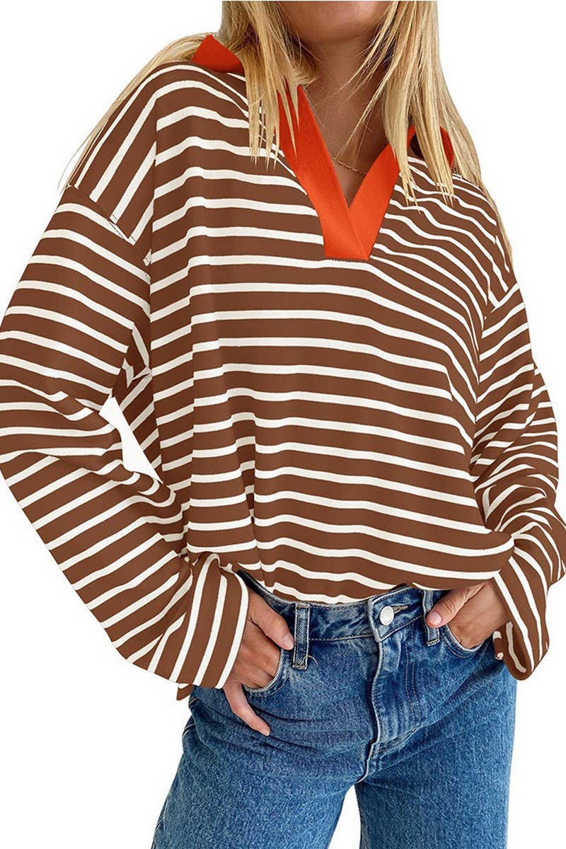 CWTBLL1811_LAPEL STRIPED V-NECK LOOSE SWEATSHIRT