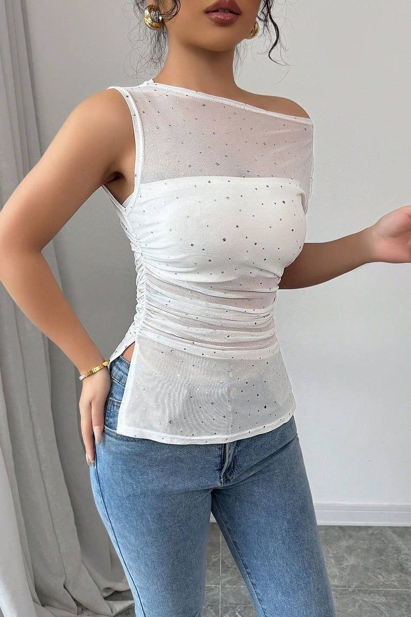 CWTBLSL0880_SEQUIN RUCHED ASYM NECK RUCHED HEM TEE