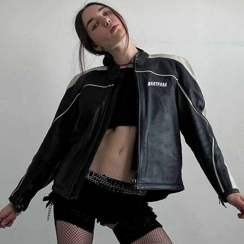 BIKER STYLE BLACK WHITE PATCHWORK LEATHER  JACKET