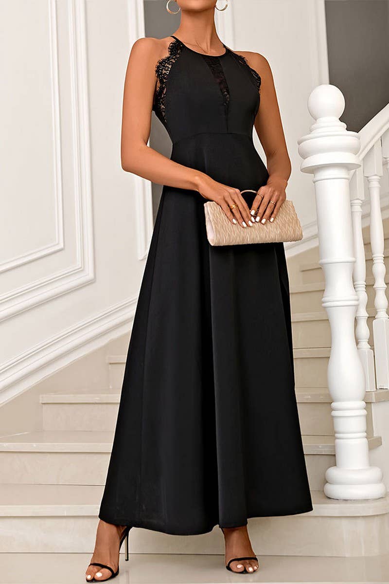 CWDHL0778_LACE HALTERNECK LONG HIGH SLIT EVENING DRESS
