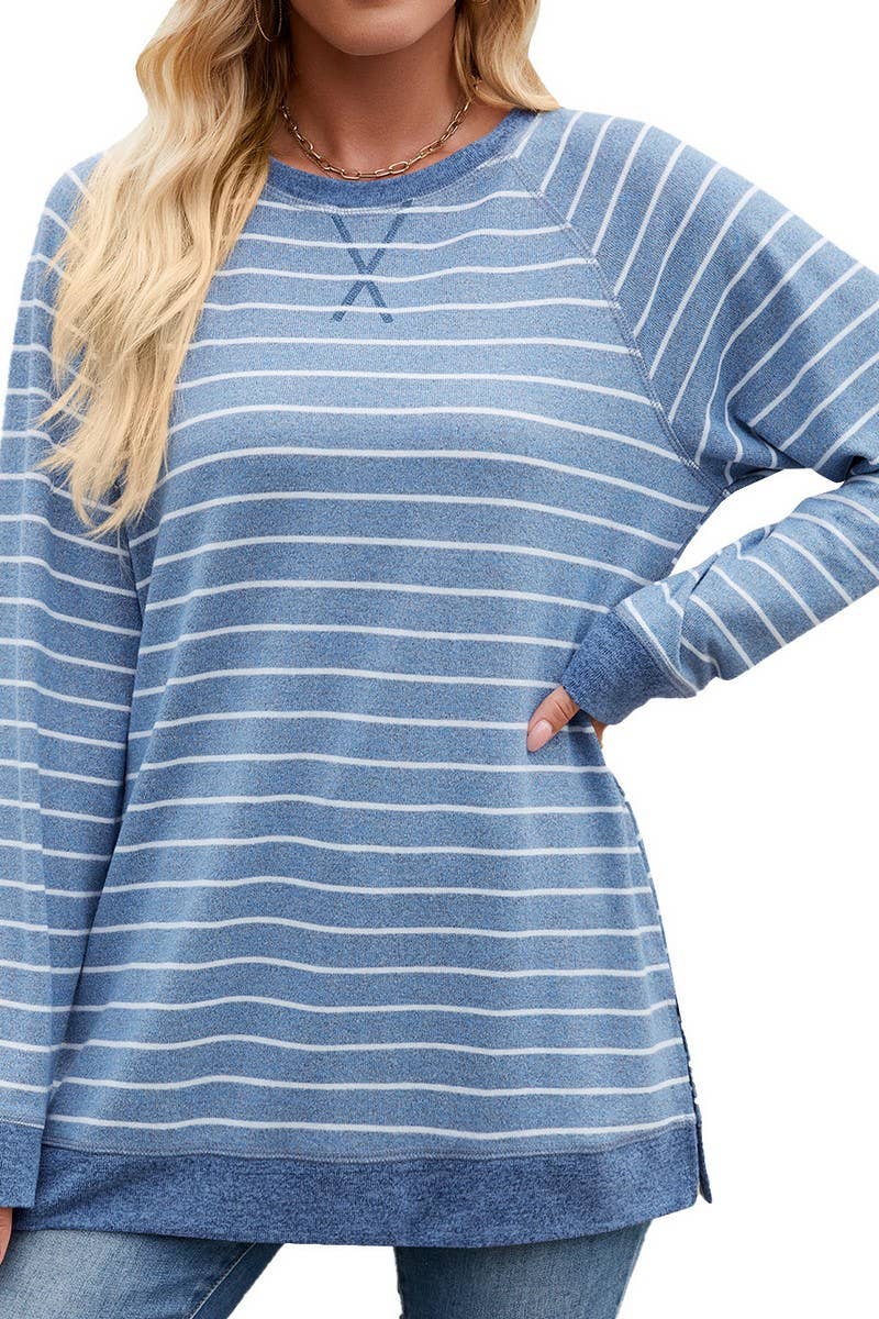 CWTBLL3663_STRIPED PATCHWORK ROUND NECK LONG SLEEVED T-SHIRT