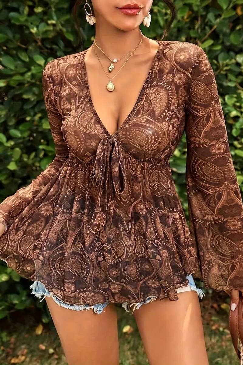 CWTBLL3892_MESH PRINT DEEP V NECK SLIM FIT LONG SLEEVE TOP