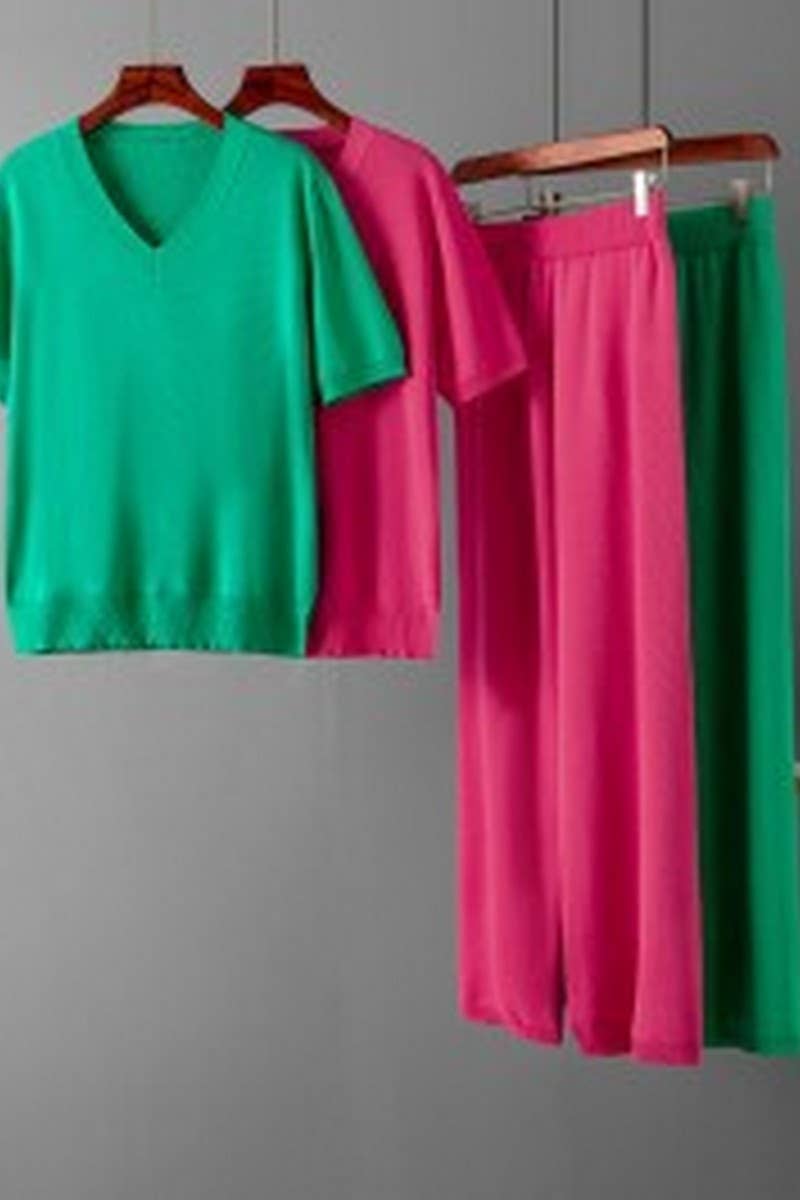 CWSTB00422_COLORBLOCK KNIT TOP & HIGH WAIST WIDE LEG SET