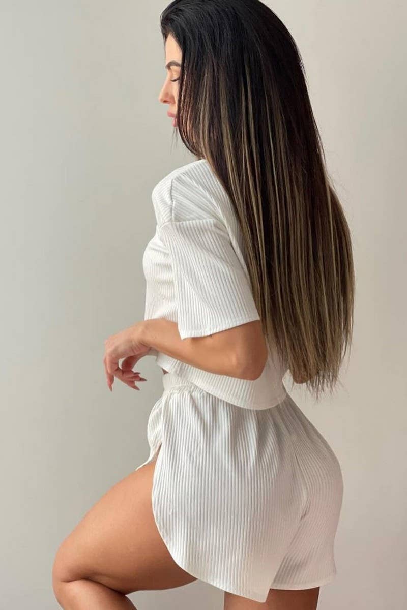 CWSTB1365_SHORT ROUND NECK T-SHIRT TOP SHORTS TWO-PIECE SET