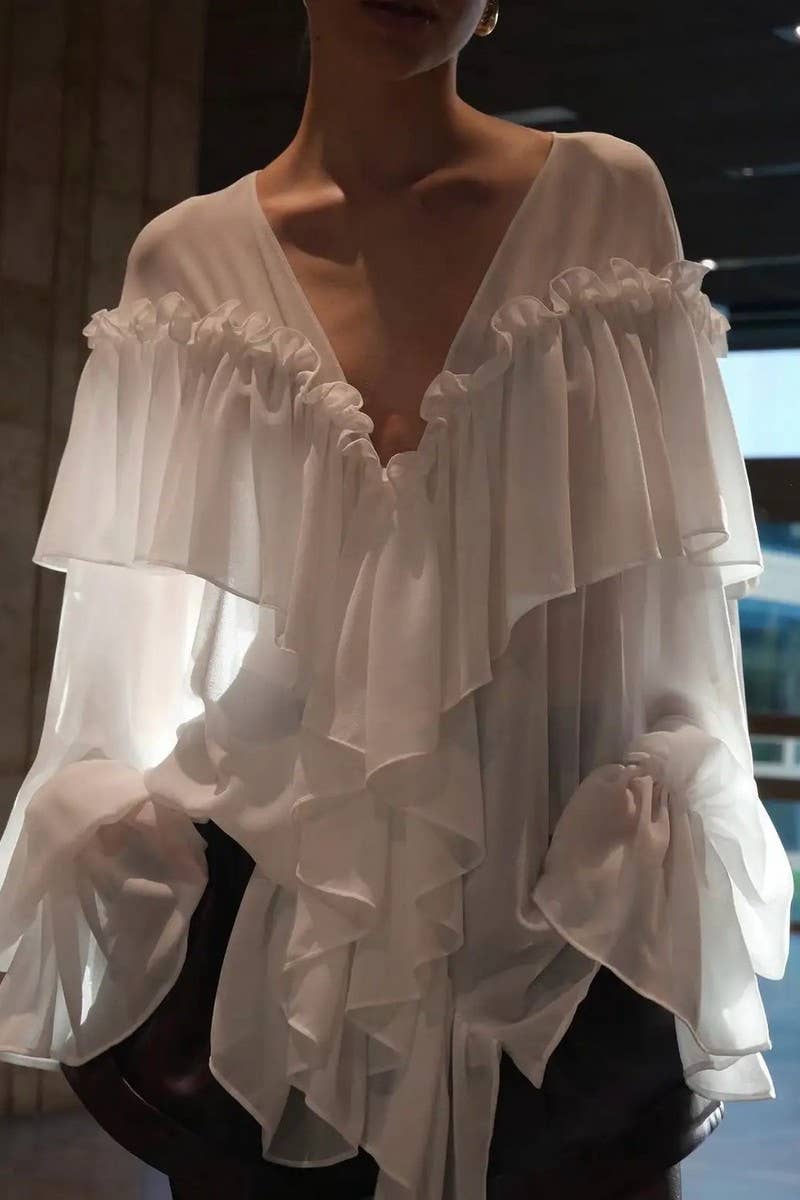 CWTTL2043_FRENCH RUFFLED LOOSE V-NECK SOLID COLOR NICHE TOP