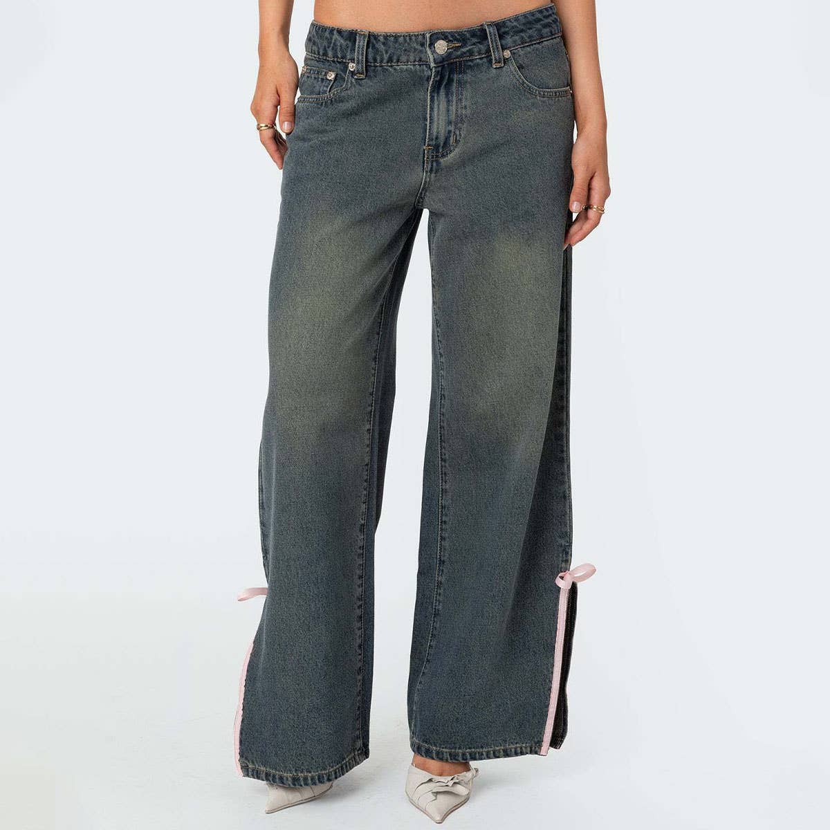 CROPPED MID-WAIST STRAIGHT BOW SIDE SLIT JEANS