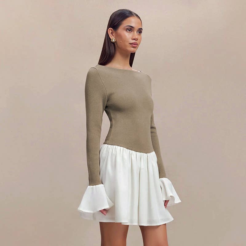 COLOR CONTRAST SPLICING SEXY LONG SLEEVE DRESS