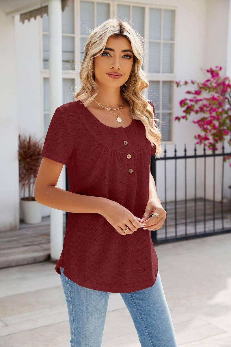 CWTBLS0435_Round Neck Short Sleeve Blouse